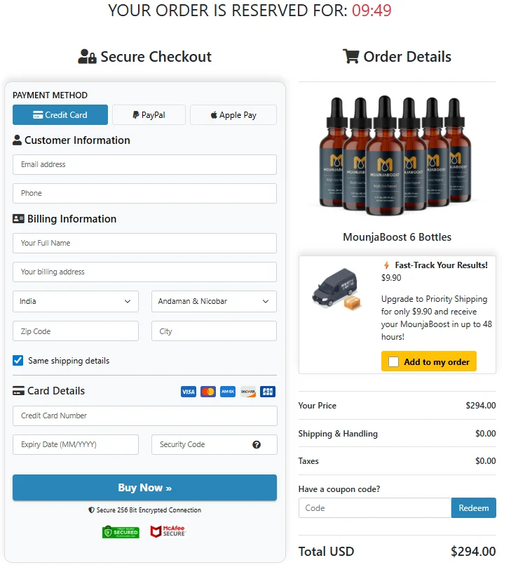 MounjaBoost secure checkout page